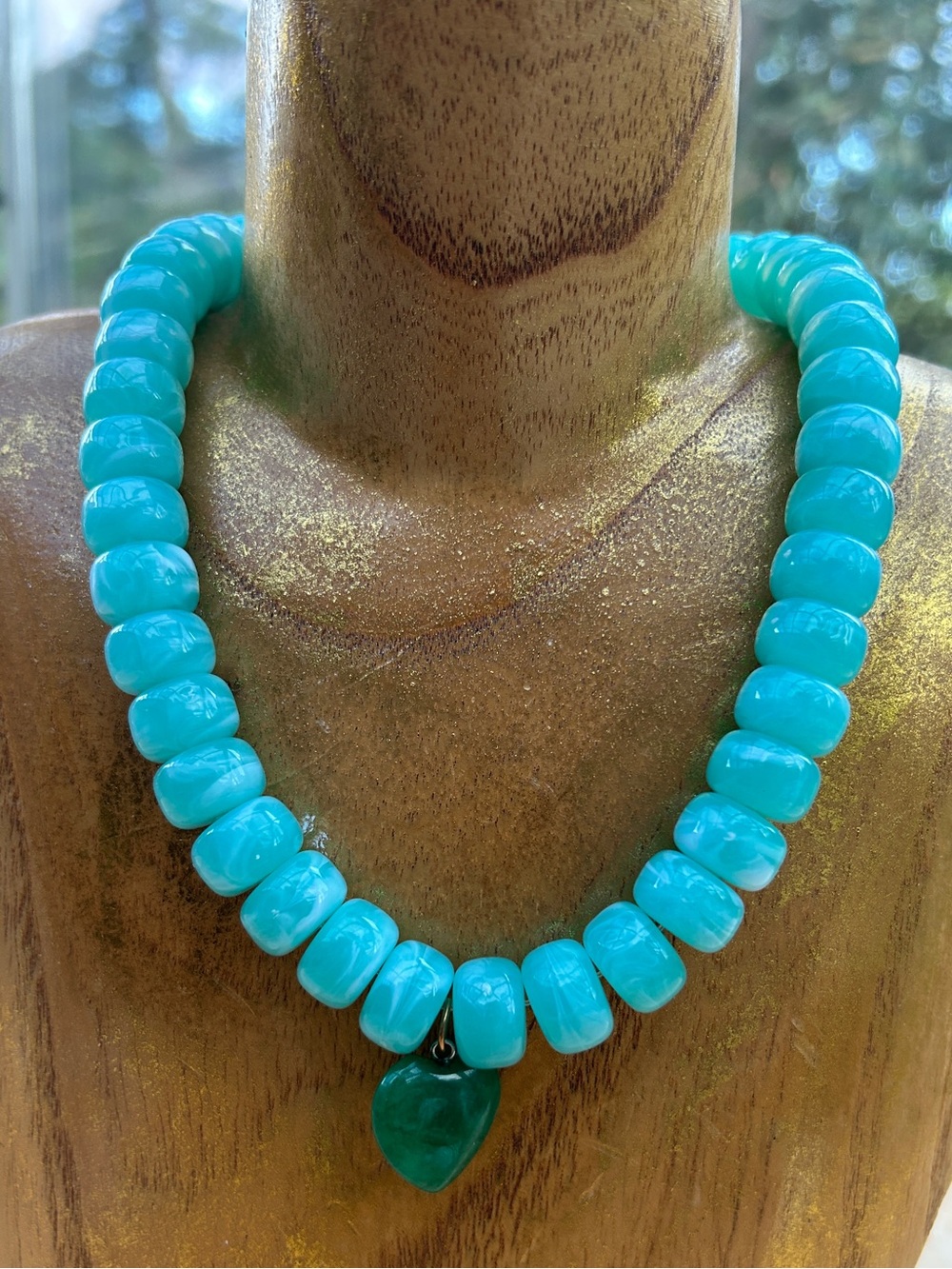 Aqua Blue Beaded Statement Necklace w/ Green Heart Pendant 15–17”